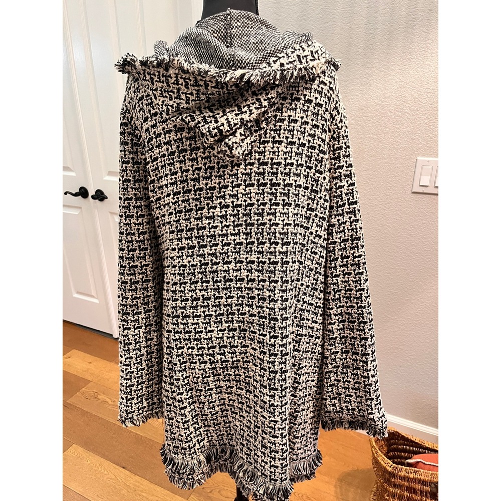 Black Ivory Tweed Hooded Fringe Coatigan Womens L Laundry Shelli Segal - Picture 7 of 15